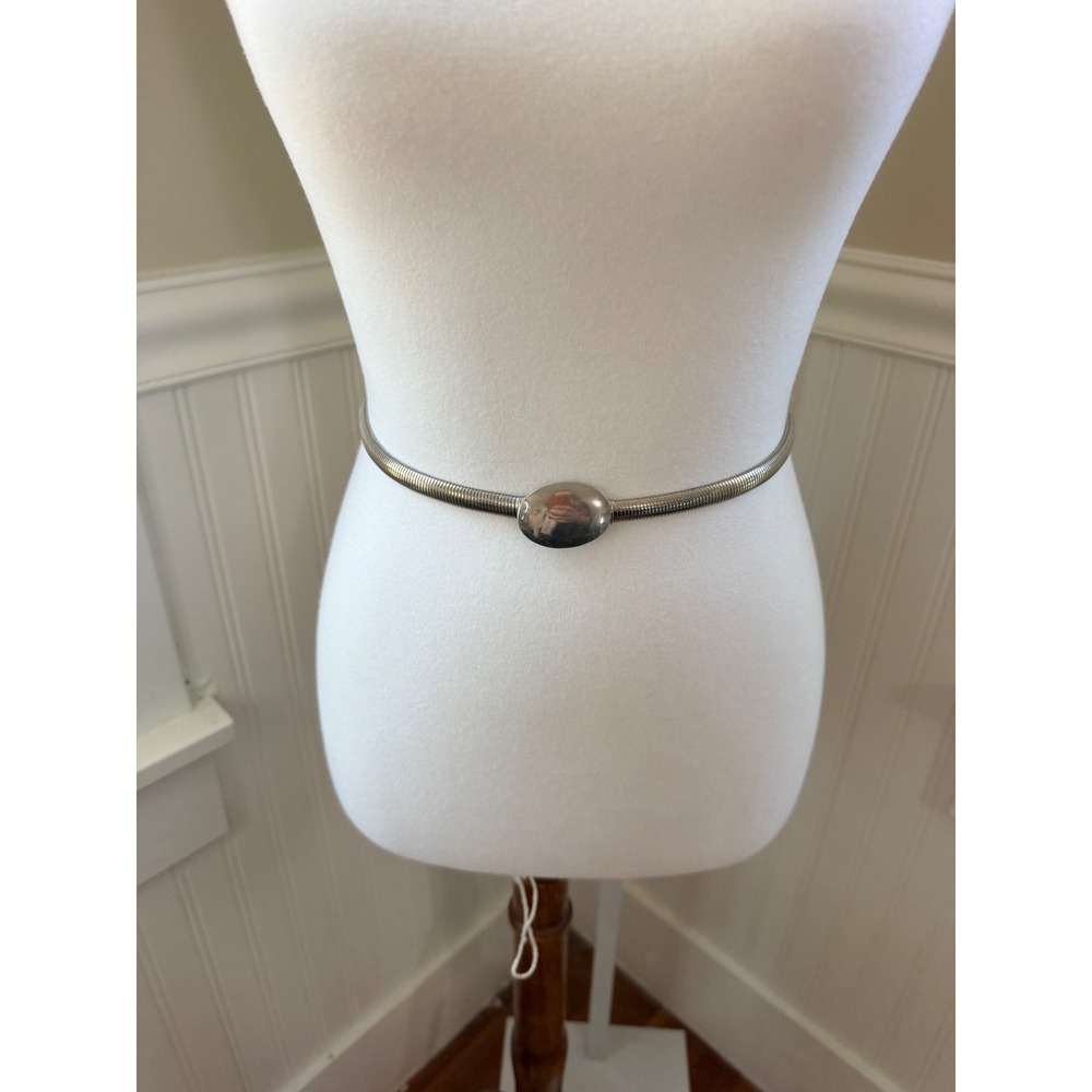 Vintage Silver Snake Chain Stretchy Metal Belt Oval Buckle Made in USA Small